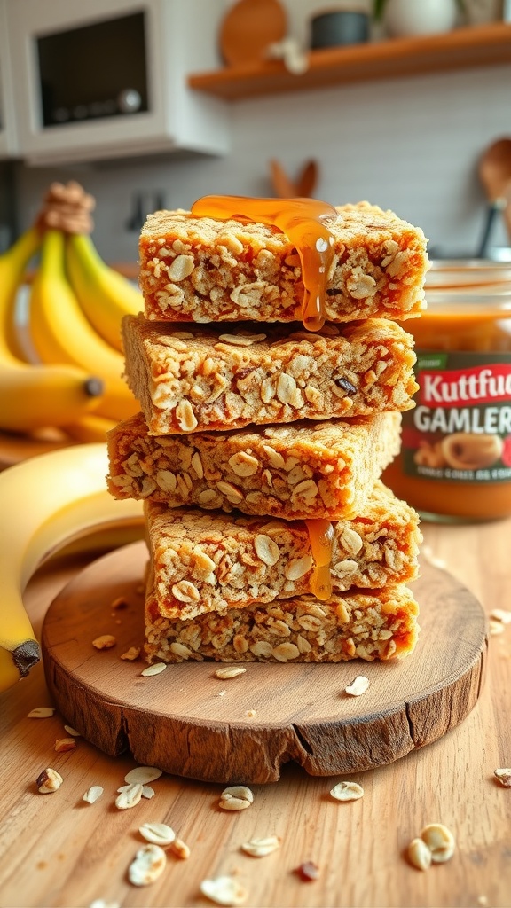 Homemade healthy snack bars made with oats, banana, and nut butter, displayed on a wooden board with fresh bananas and nut butter.